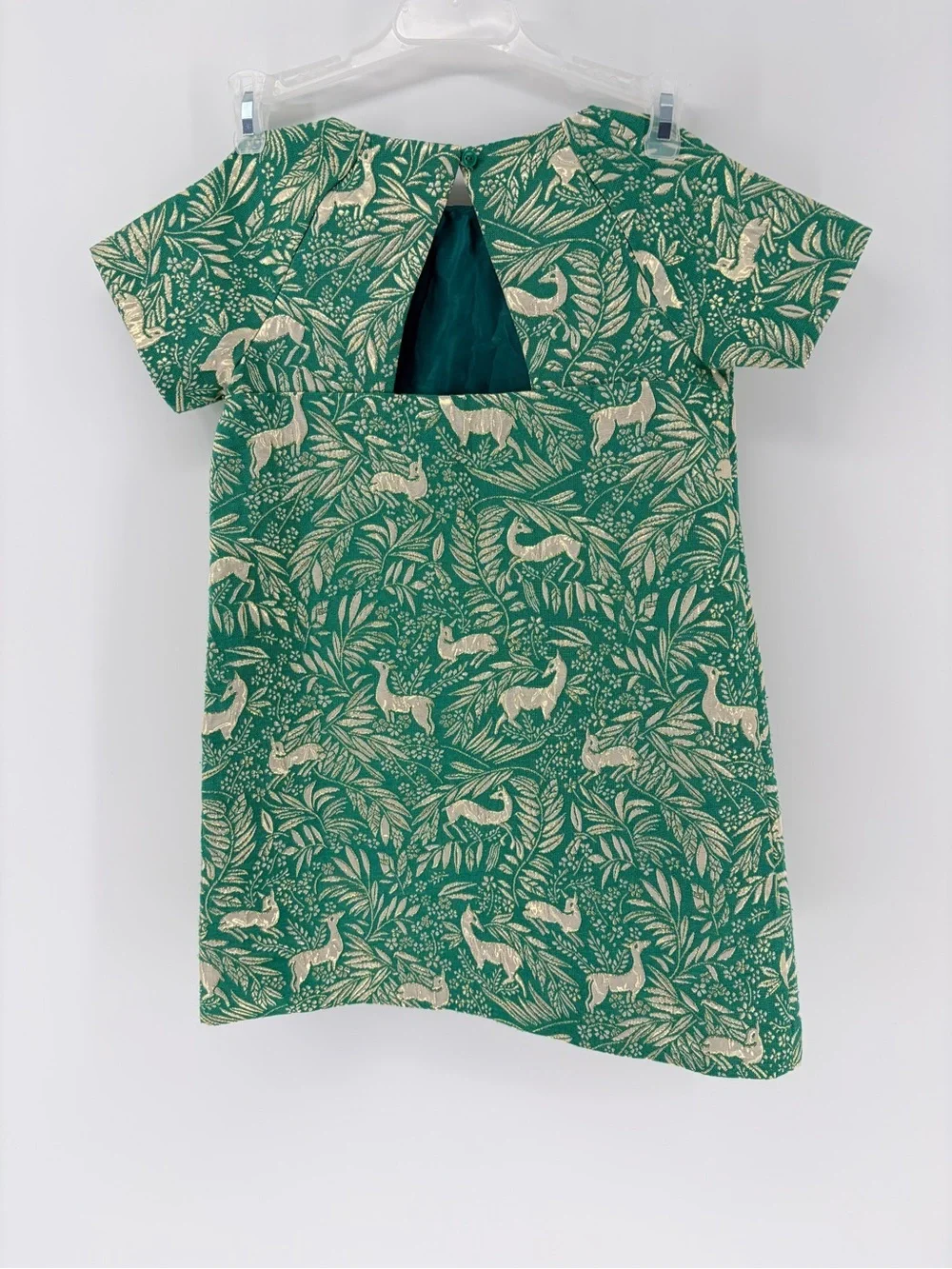 Crewcuts Girls' Short Sleeve Jacquard Dress Botanical Metallic Deer AOP